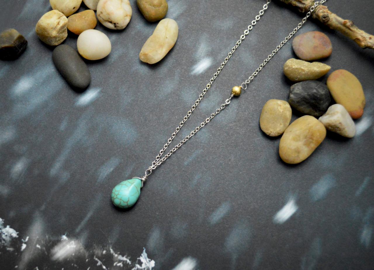 A-108 Turquoise Drop Necklace, Metal Beads Necklace, Simple Necklace, Modern Necklace, Rhodium Plated/bridesmaid/gifts/everyday Jewelry/