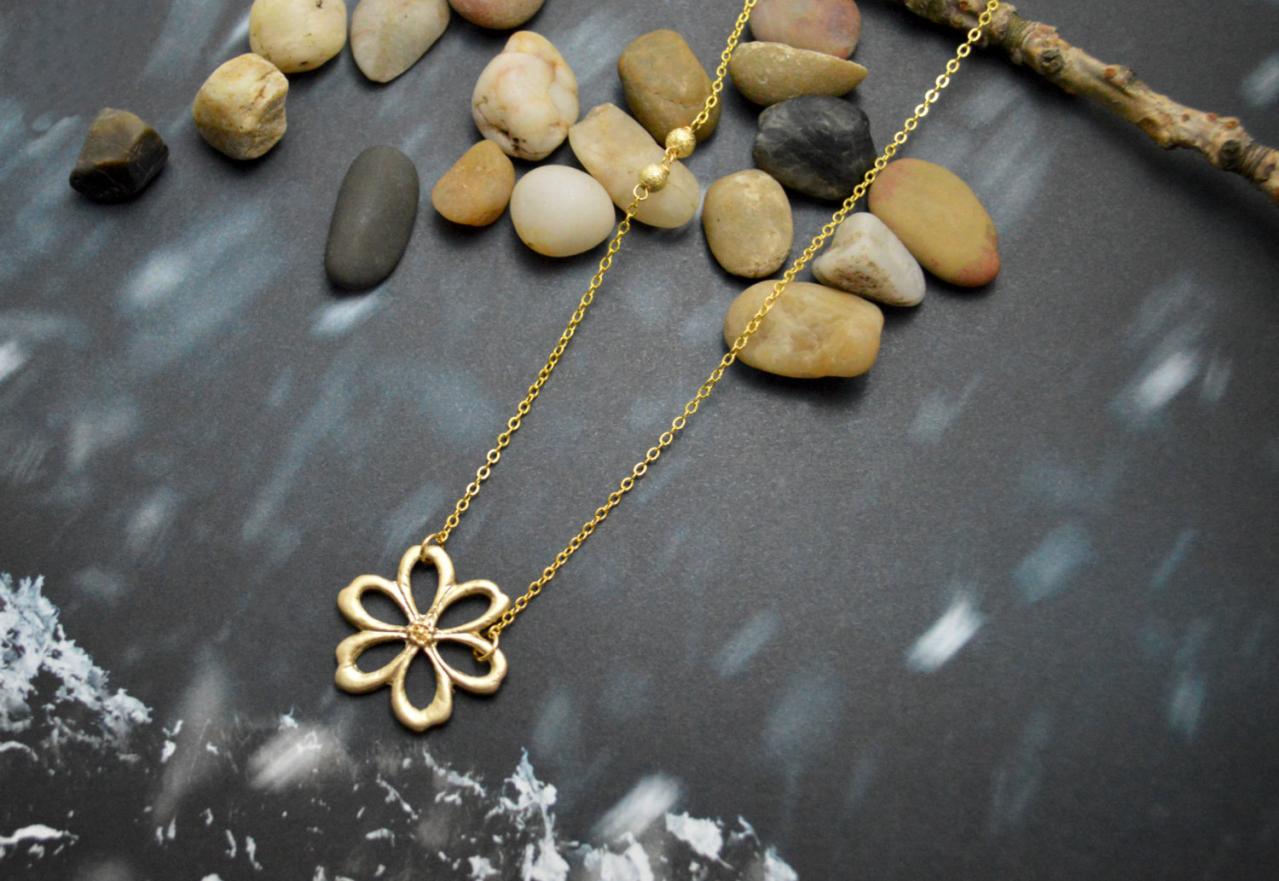 A-083 Flower necklace,Metal beads necklace,Sideways necklace,Simple necklace,Modern necklace, Gold plated/Bridesmaid/gifts/Everyday jewelry/