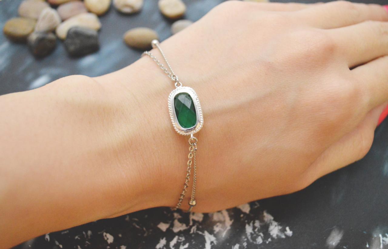 C-087 Emerald Bracelet, Silver Framed Bracelet, Layered Bracelet, Simple Bracelet, Ball Chain, Silver Plated/everyday Jewelry/