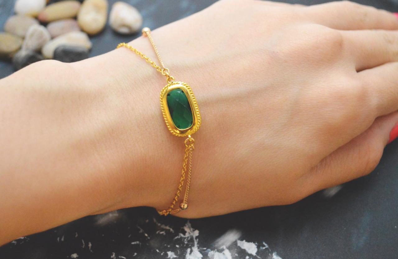 C-086 Emerald Bracelet, Gold Framed Bracelet, Layered Bracelet, Simple Bracelet, Ball Chain, Gold Plated/everyday Jewelry/
