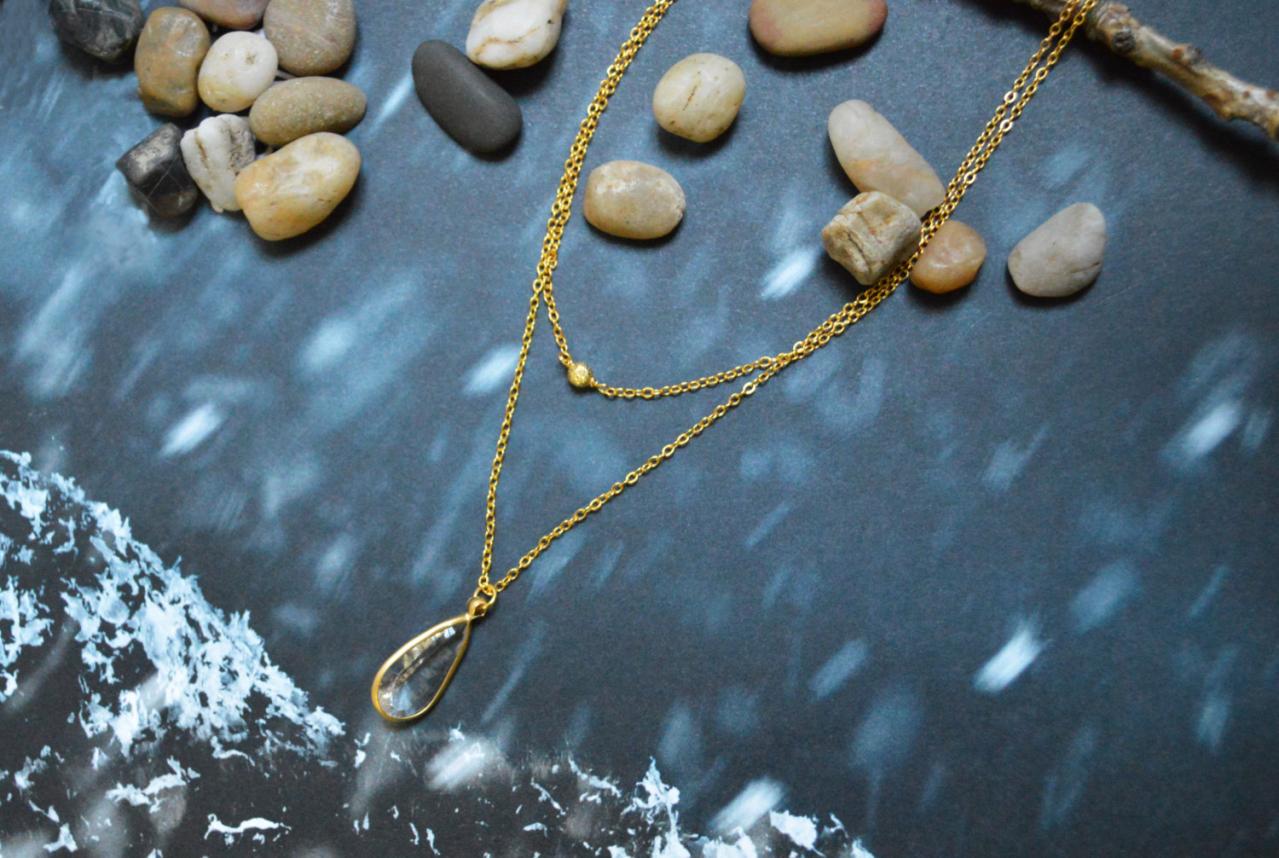 A-131 Drop Necklace, Ball Beads Necklace, Double Strand, Layered Necklace, Gold Plated/everyday Jewelry/