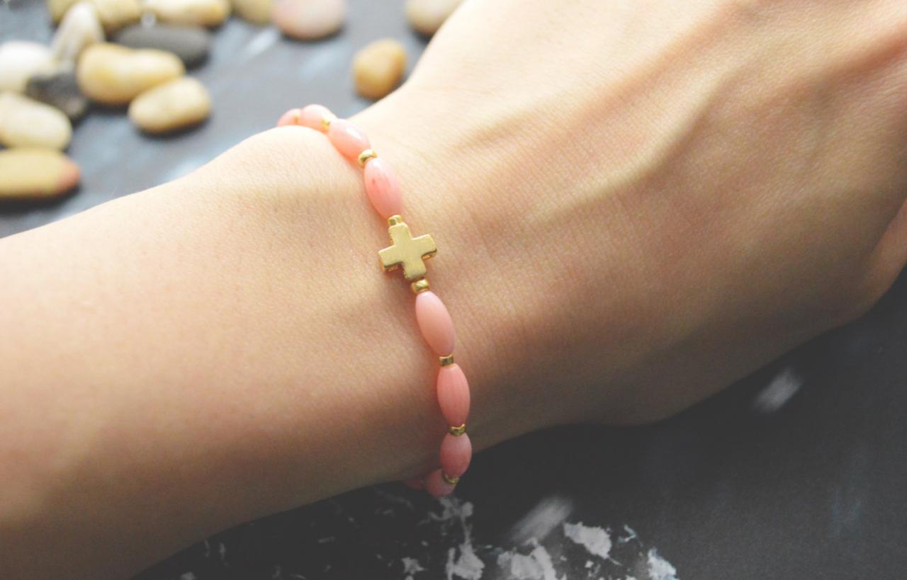 C-074 Rosary bracelet, Pink coral, Seed beads bracelet, Stretch bracelet, Stone bracelet, Cross bracelet, Gold plated/Everyday jewelry/