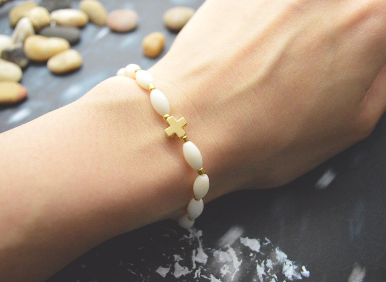 C-073 Rosary Bracelet, White Coral, Seed Beads Bracelet, Stretch Bracelet, Stone Bracelet, Cross Bracelet, Gold Plated/everyday Jewelry/