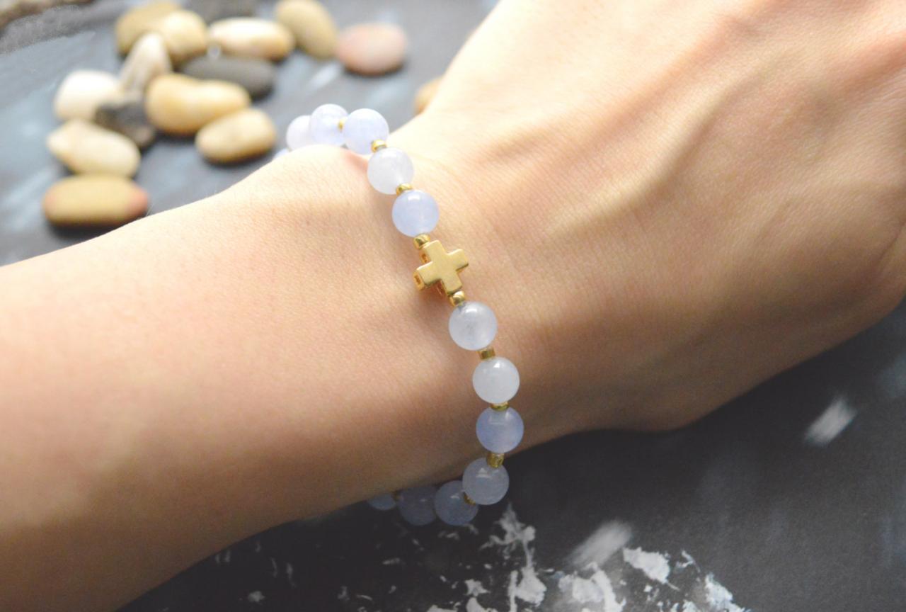 C-072 Rosary bracelet, Blue jade, Seed beads bracelet, Stretch bracelet, Stone bracelet, Cross bracelet, Gold plated/Everyday jewelry/