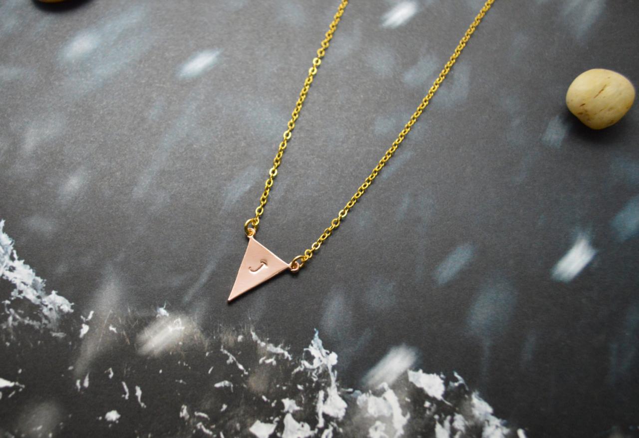 A-148 Hand stamped initial leaf necklace, Triangle necklace, Simple, Modern necklace, Pink gold, Gold plated/Everyday jewelry /Special gift/