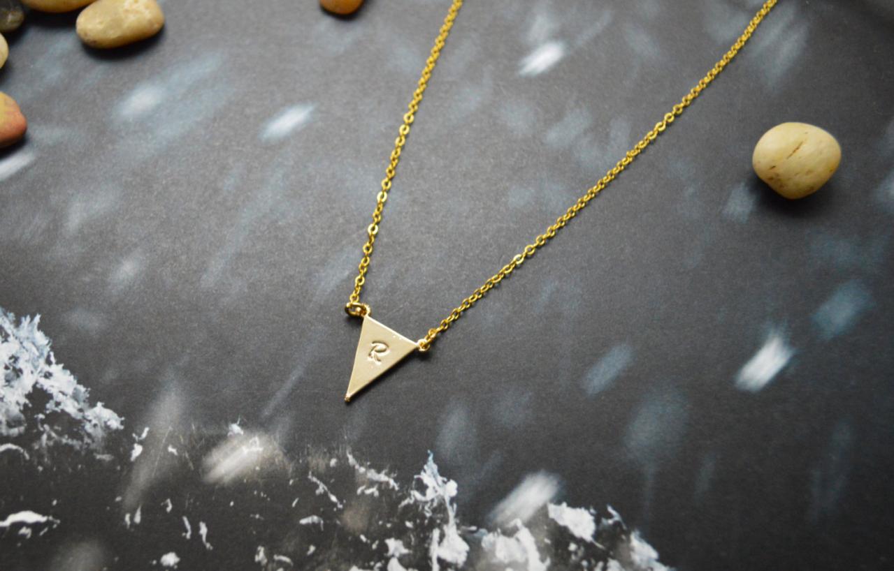 A-146 Hand stamped initial leaf necklace, Triangle necklace, Simple necklace, Modern necklace, Gold plated/Everyday jewelry /Special gift/