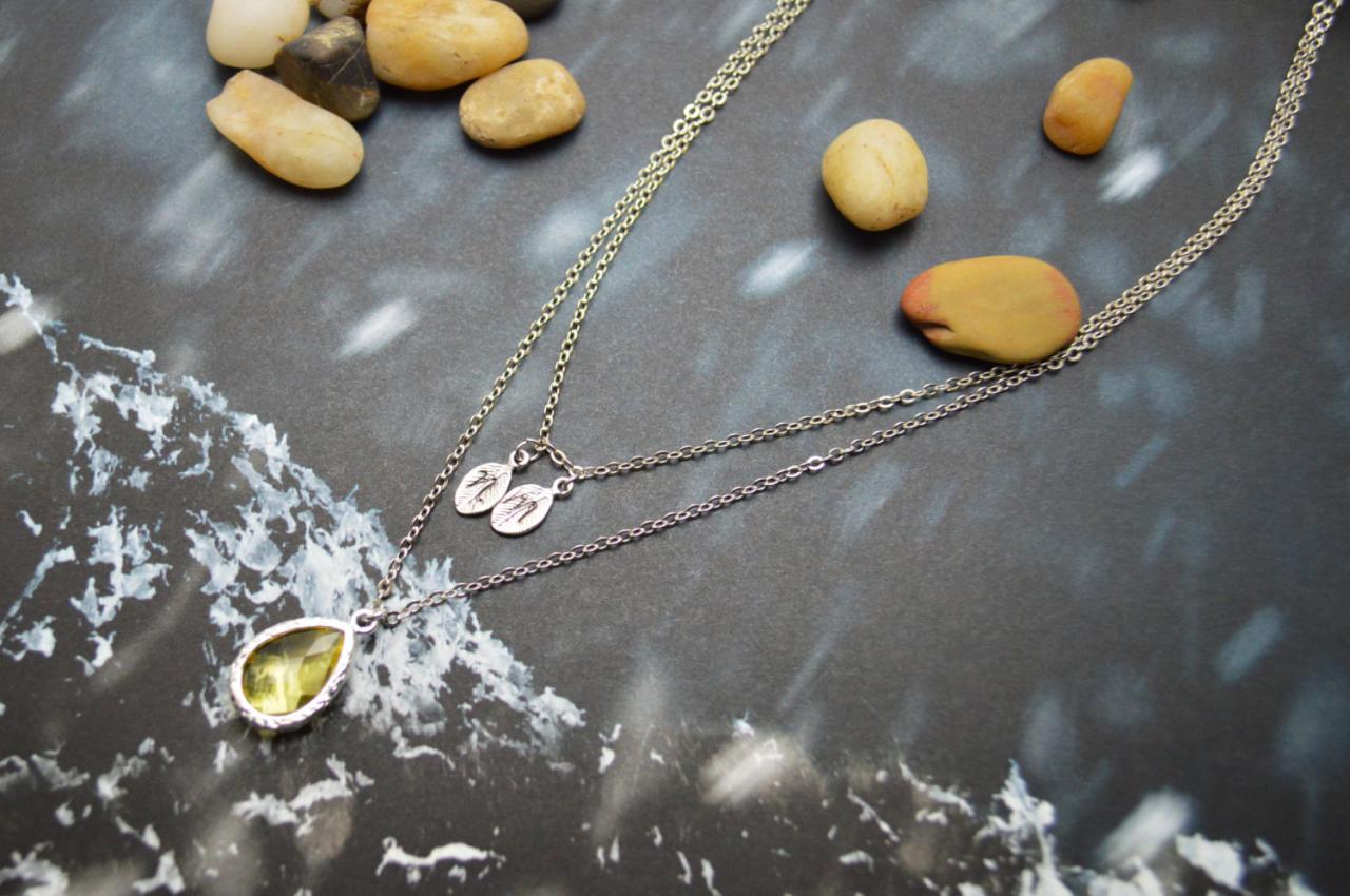 A-143 Hand Stamped Initial Leaf Necklace, Double Strand, Layered, Drop Necklace, Yellow, Silver Plated/everyday Jewelry /special Gift/