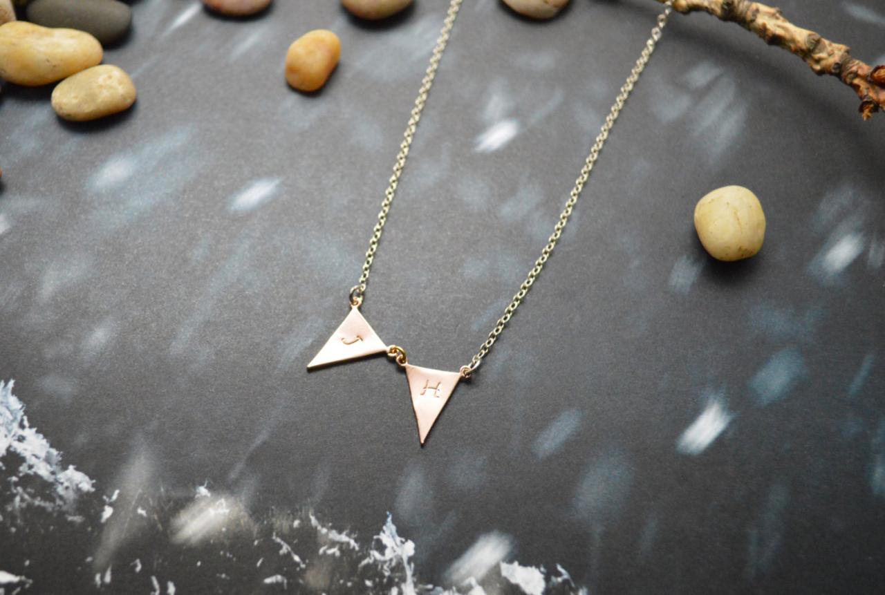 A-151 Hand stamped initial leaf necklace, Triangle necklace, Simple, Modern necklace,Pink gold,Silver plated/Everyday jewelry /Special gift/