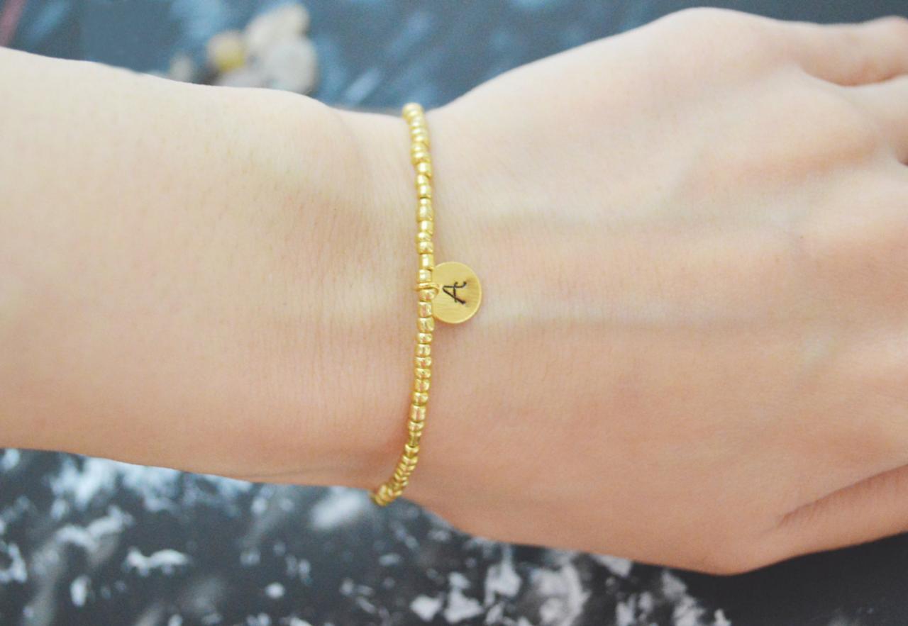 C-116 Gold Beaded Bracelet, Seed Beads Bracelet, Personalized Personal Initial Disc Bracelet,simple Bracelet, Gold Plated /everyday Jewelry/