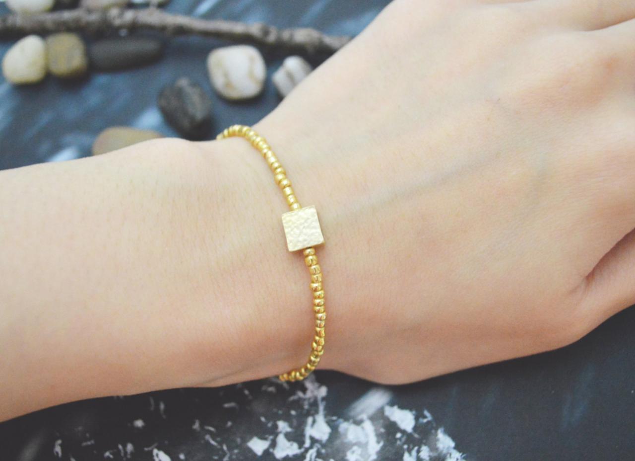 C-112 Gold Beaded Bracelet, Seed Beads Bracelet, Square Bracelet, Simple, Modern Bracelet, Gold Plated /everyday Jewelry/