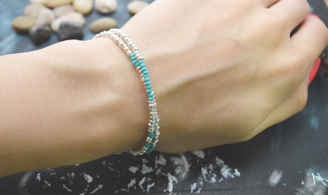 C-101 Silver Beaded bracelet, Layered, Double strand, Turquoise Seed bead bracelet, Simple bracelet, Modern bracelet/Everyday jewelry/