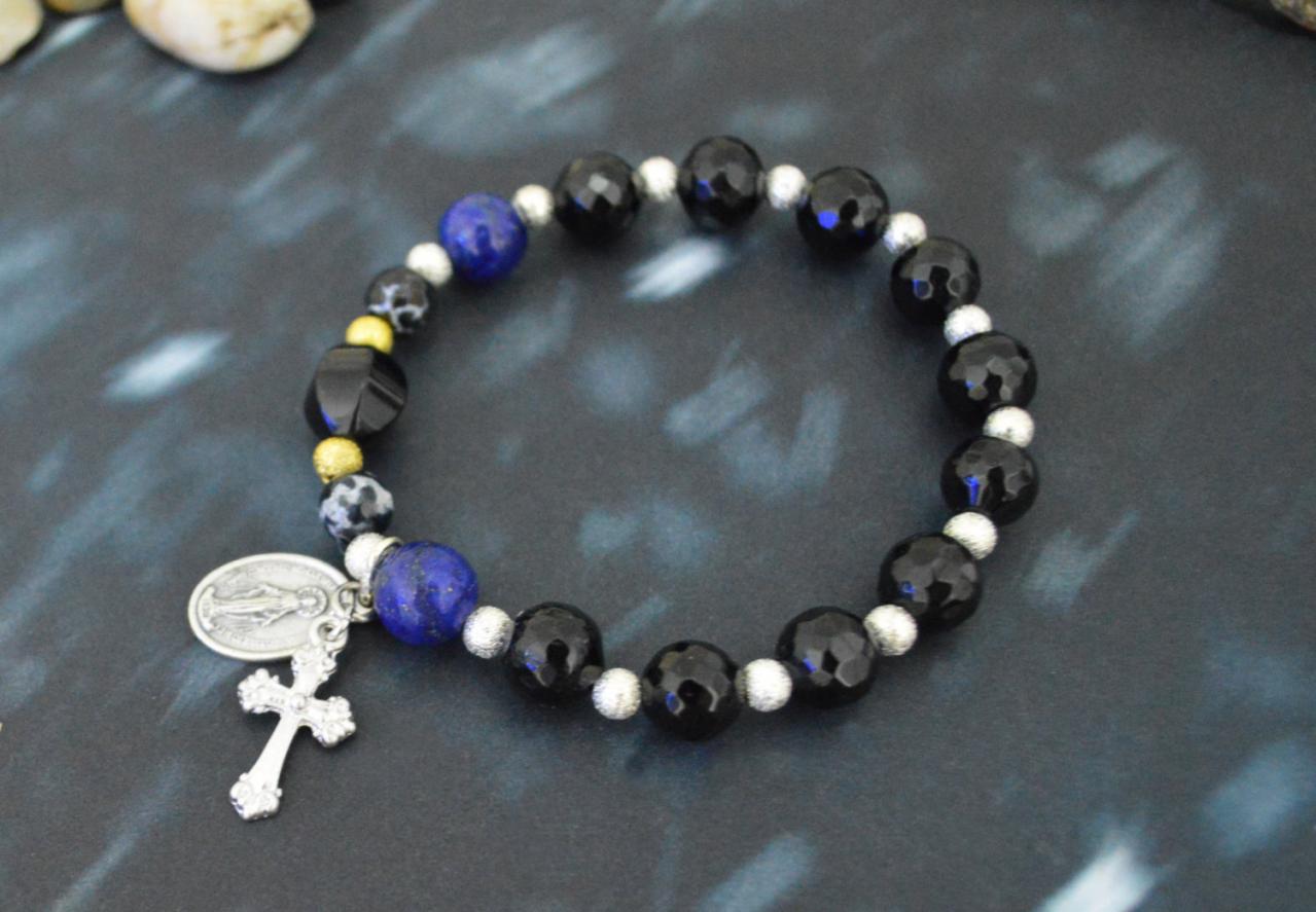 C-150 Rosary Bracelet, Stretch Bracelet, Stone Bracelet, Black Agate,lapis Lazuli,beads, Cross, Miraculous Star Medal/everyday Jewelry/