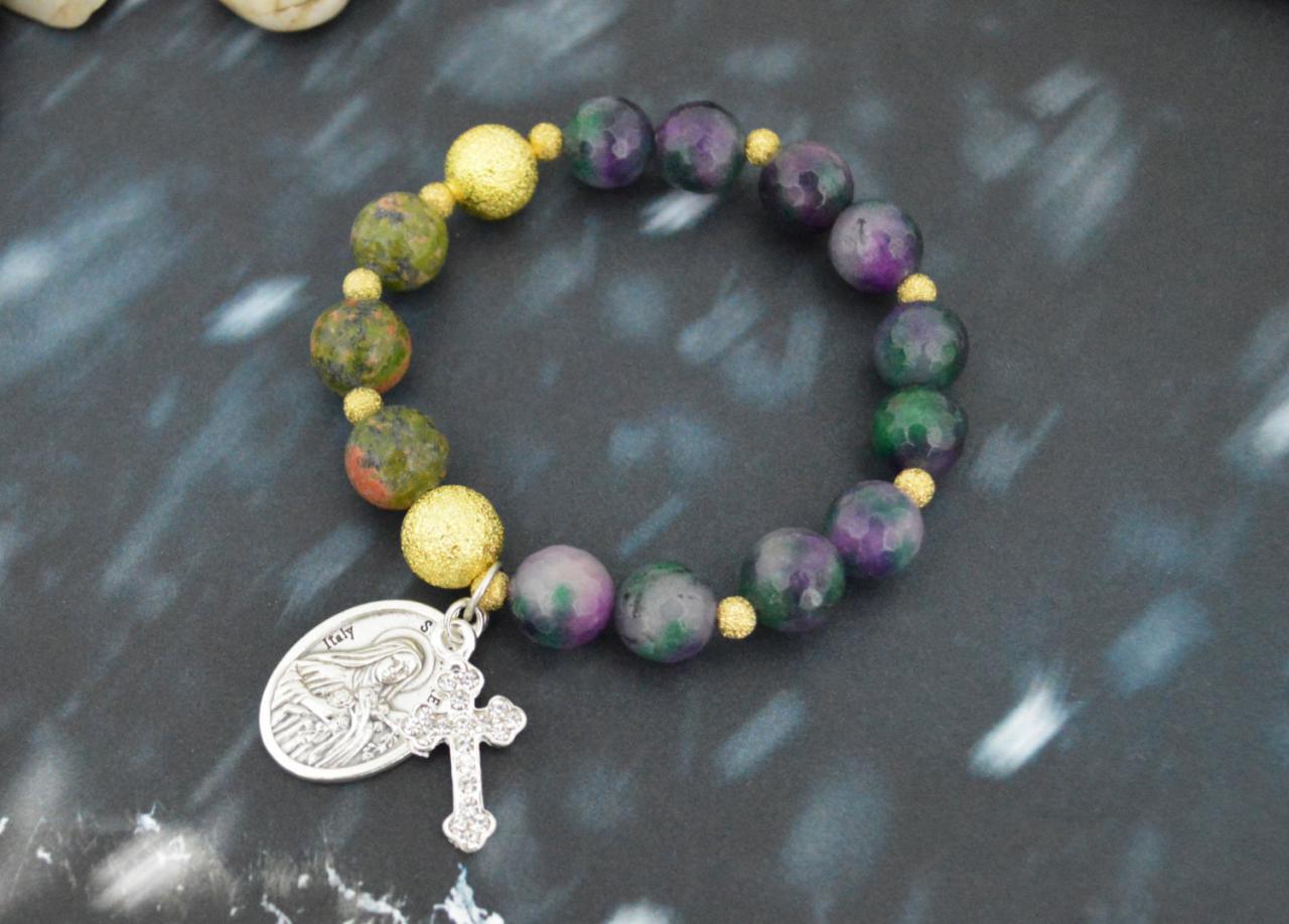 C-153 Rosary bracelet, Stone Bracelet, Stretch bracelet, Purple Rainbow Agate, Unakite, Ball Beads,Cross, Miraculous medal/Everyday jewelry/
