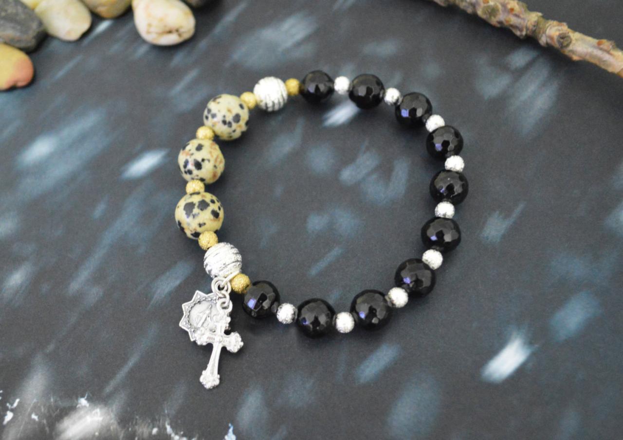 C-145 Rosary bracelet, Stretch bracelet, Stone bracelet, Black Agate, Jasper, Beads, Cross, Virgin Mary, Miraculous medal/Everyday jewelry/