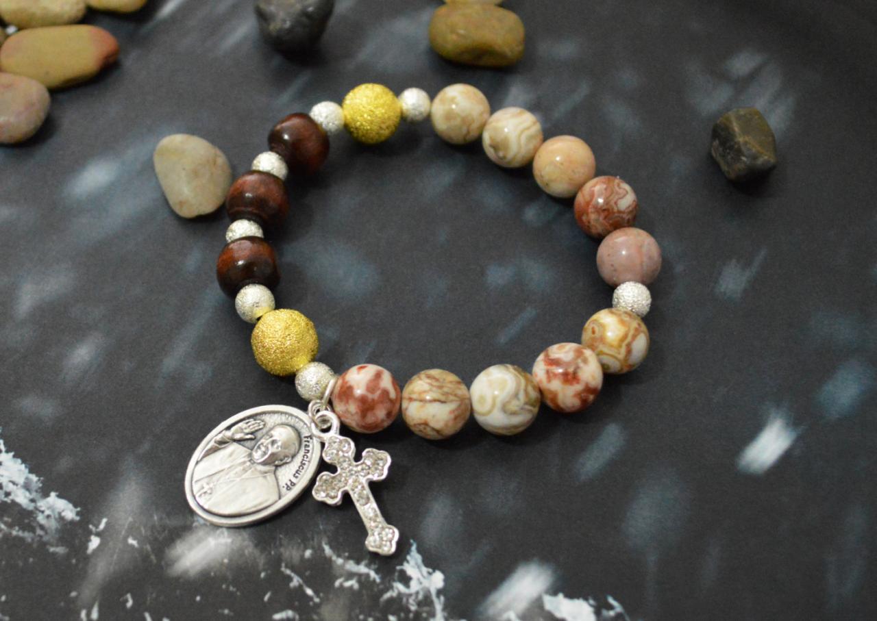C-136 Rosary bracelet, Stretch bracelet, Stone bracelet, Coral Slider, Wood, Cross, Pope Francis medal/, Silver plated/Everyday jewelry/