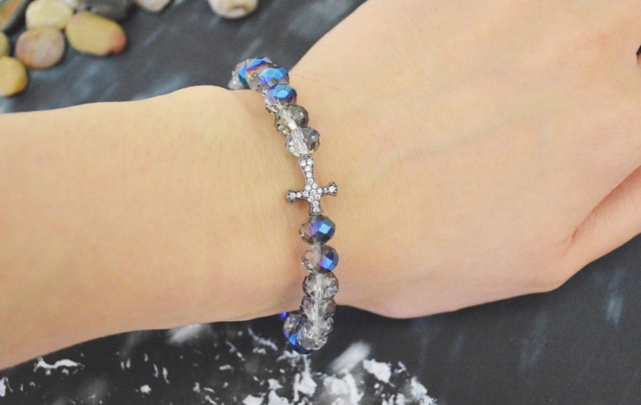 C-146 Rosary bracelet, Stretch bracelet, Rondelle Beads bracelet, Crystal, Blue Rainbow, Cubic, Cross Beads bracelet/Everyday jewelry/