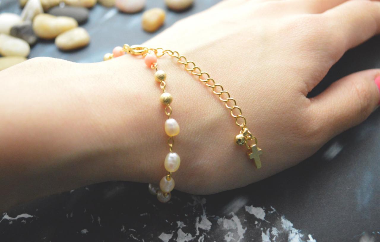 C-078 Rosary bracelet, White pearl bracelet, Stone bracelet, Cross bracelet, Metal beads, Gold plated/Everyday jewelry/