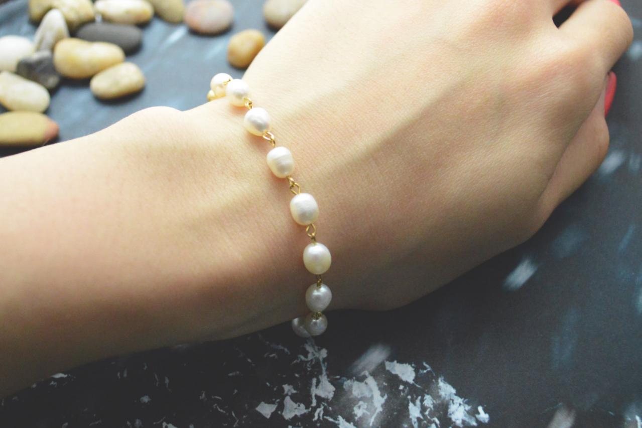 C-077 Rosary Bracelet, White Pearl Bracelet, Stone Bracelet, Cross Bracelet, Metal Beads, Gold Plated/everyday Jewelry/