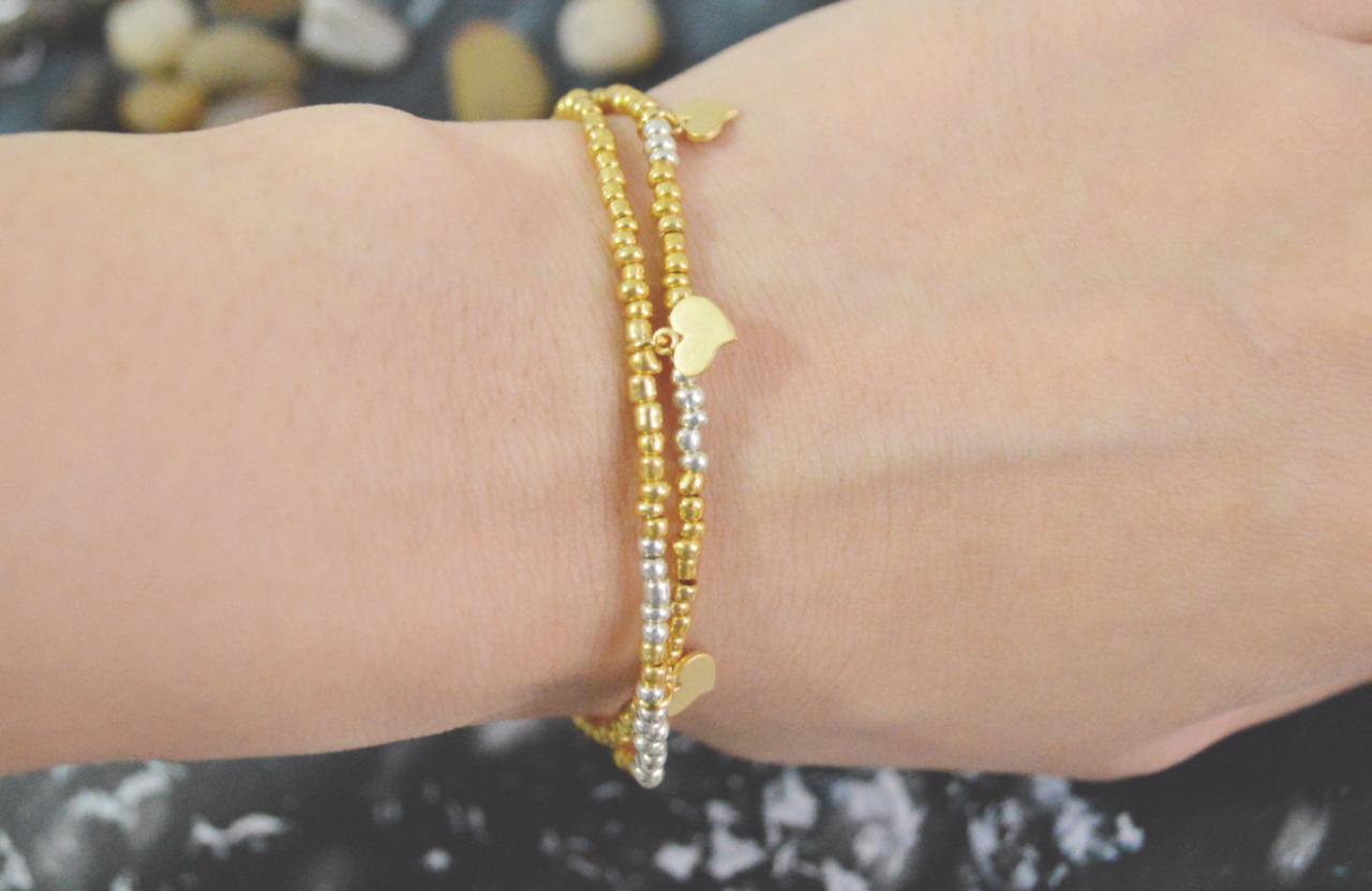 C-127 Gold, Silver Beaded bracelet, Layered, Double strand, Heart bracelet, Simple, Modern bracelet, Gold plated/Everyday jewelry/