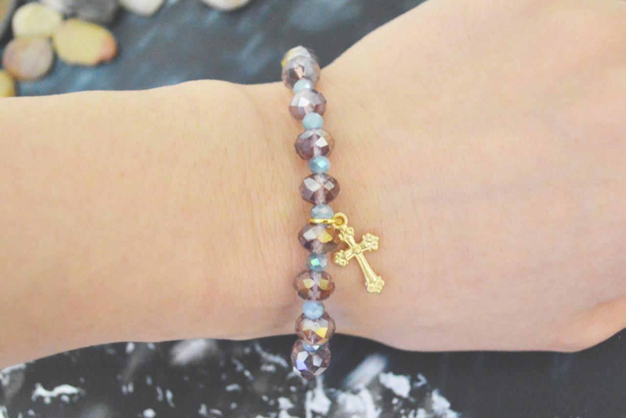 C-144 Rosary Bracelet, Crystal, Rhinestone, Aquamarine, Purple Beads Bracelet, Stone Bracelet, Gold Plated/everyday Jewelry/