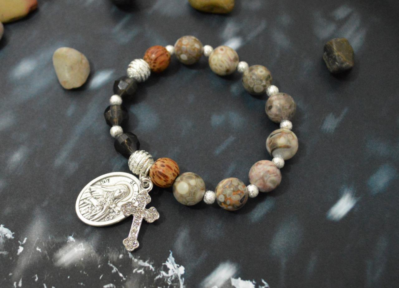 C-135 Rosary bracelet, Stretch bracelet, Black Crystal, Coral Slider, Wood, Stone, Cross, St. Therese medal, Silver plated/Everyday jewelry/