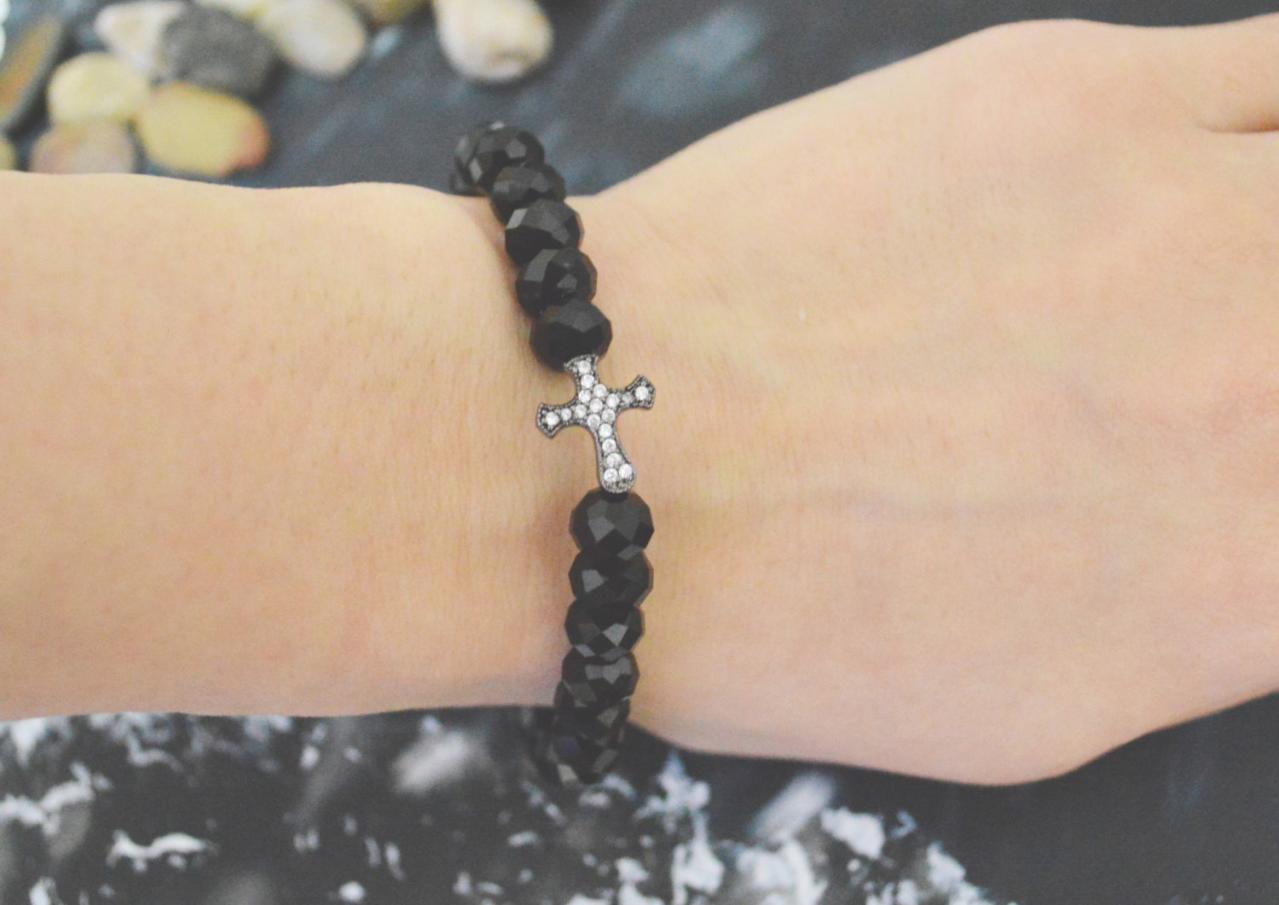 C-148 Rosary bracelet, Crystal, Black Rondelle Beads bracelet, Black, Cubic, Cross Beads bracelet/Everyday jewelry/