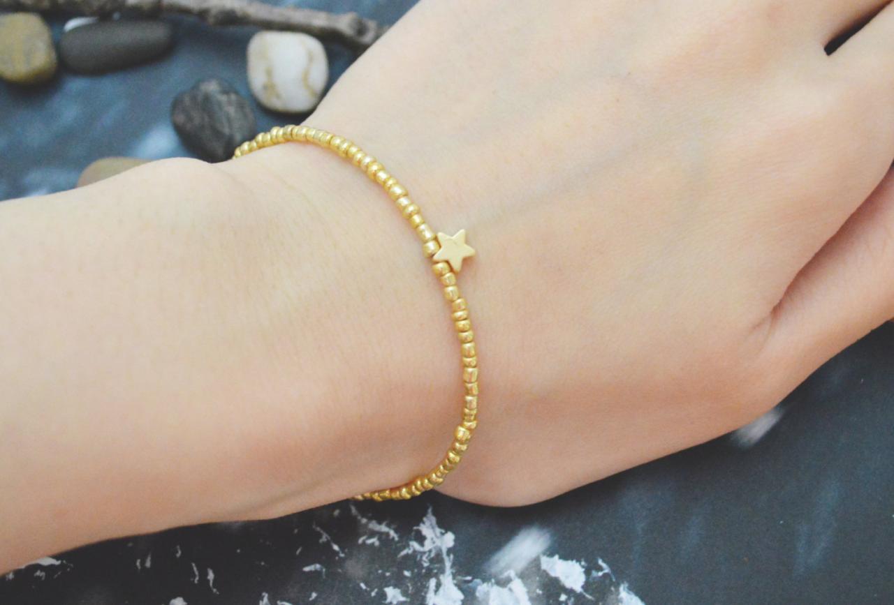 C-122 Gold Beaded Bracelet, Seed Beads Bracelet, Star Bracelet, Simple Bracelet, Gold Plated /everyday Jewelry/