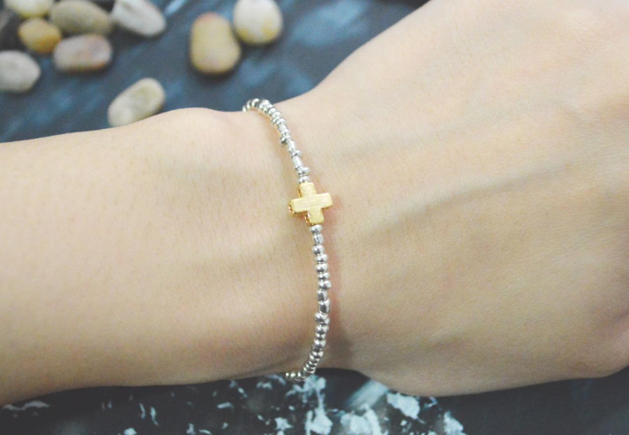 C-121 Silver Beaded Bracelet, Seed Beads Bracelet, Cross Bracelet, Simple Bracelet, Gold Plated /everyday Jewelry/