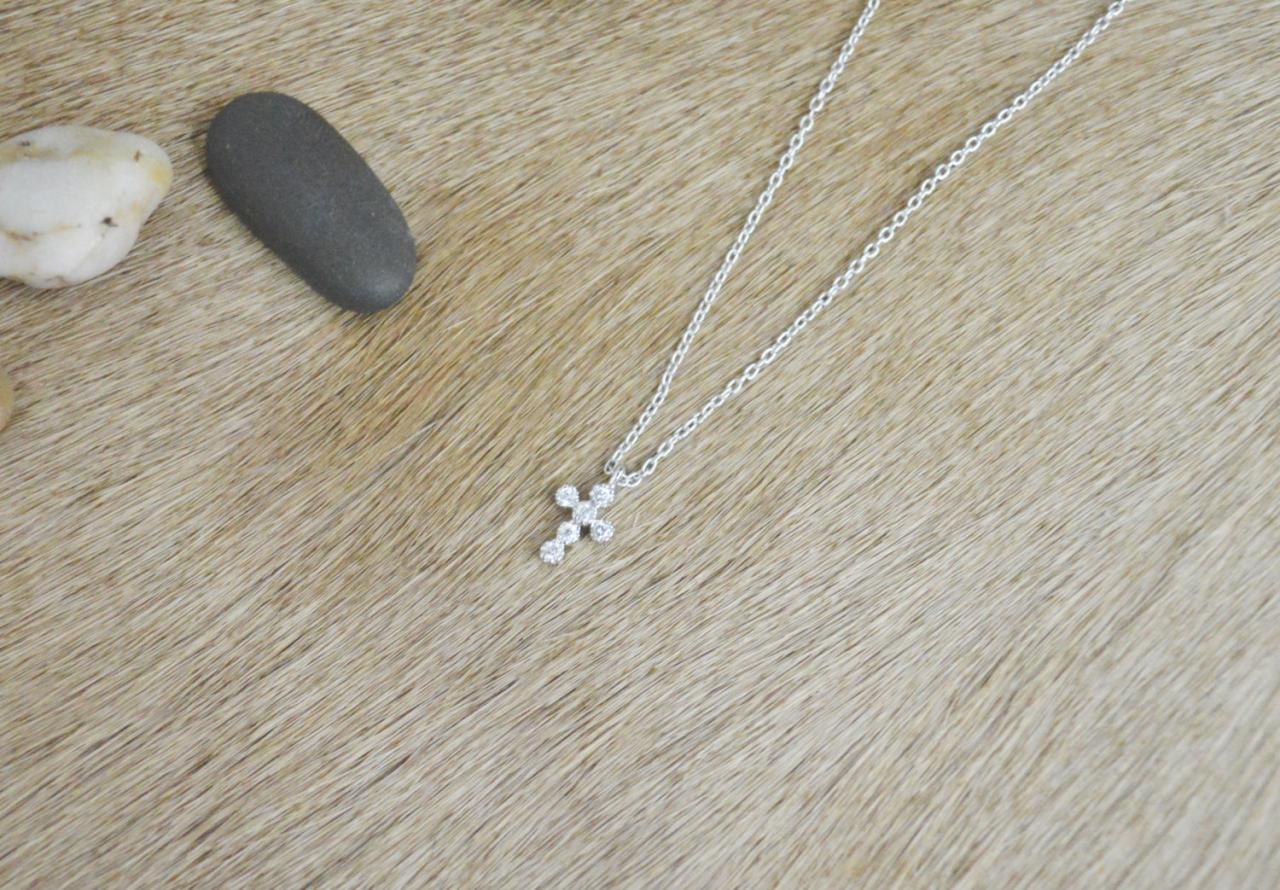 A-189 Cubic Cross Necklace, Zirconia, Simple Necklace, Modern Necklace, Silver Plated/ Bridesmaid Gifts / Everyday Jewelry /