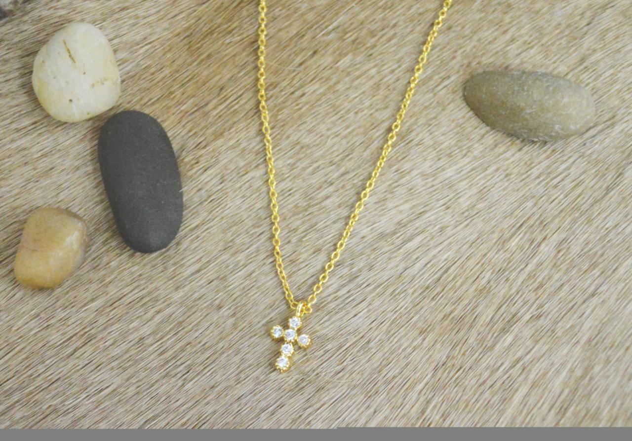 A-188 Cubic Cross Necklace, Zirconia, Simple Necklace, Modern Necklace, Gold Plated/ Bridesmaid Gifts / Everyday Jewelry /