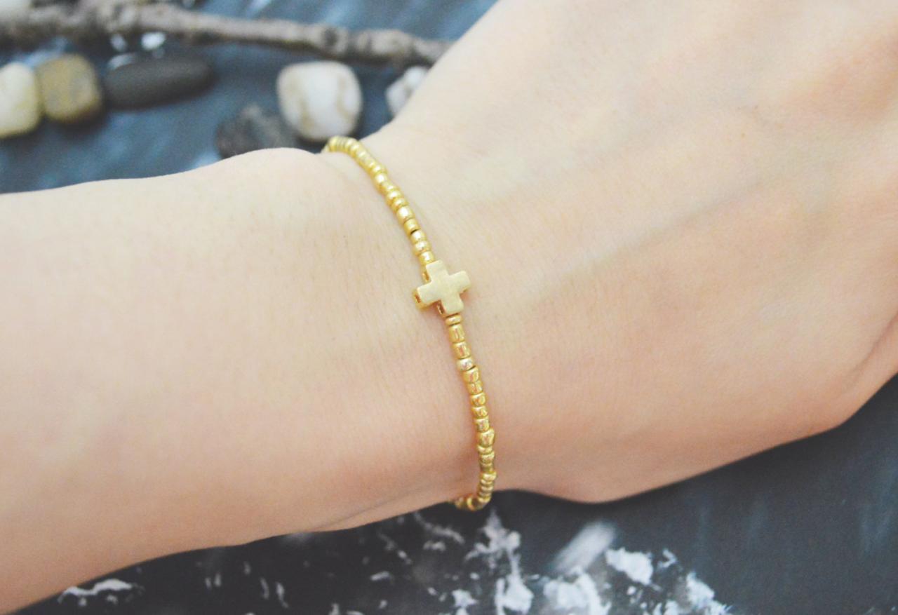 C-120 Gold Beaded Bracelet, Seed Beads Bracelet, Cross Bracelet, Simple Bracelet, Gold Plated /everyday Jewelry/