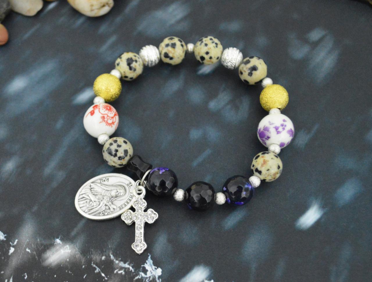 C-151 Rosary Bracelet, Stretch Bracelet, Stone Bracelet, Purple Agate, Jasper Bracelet, Cross,st. Therese,miraculous Medal/everyday Jewelry/