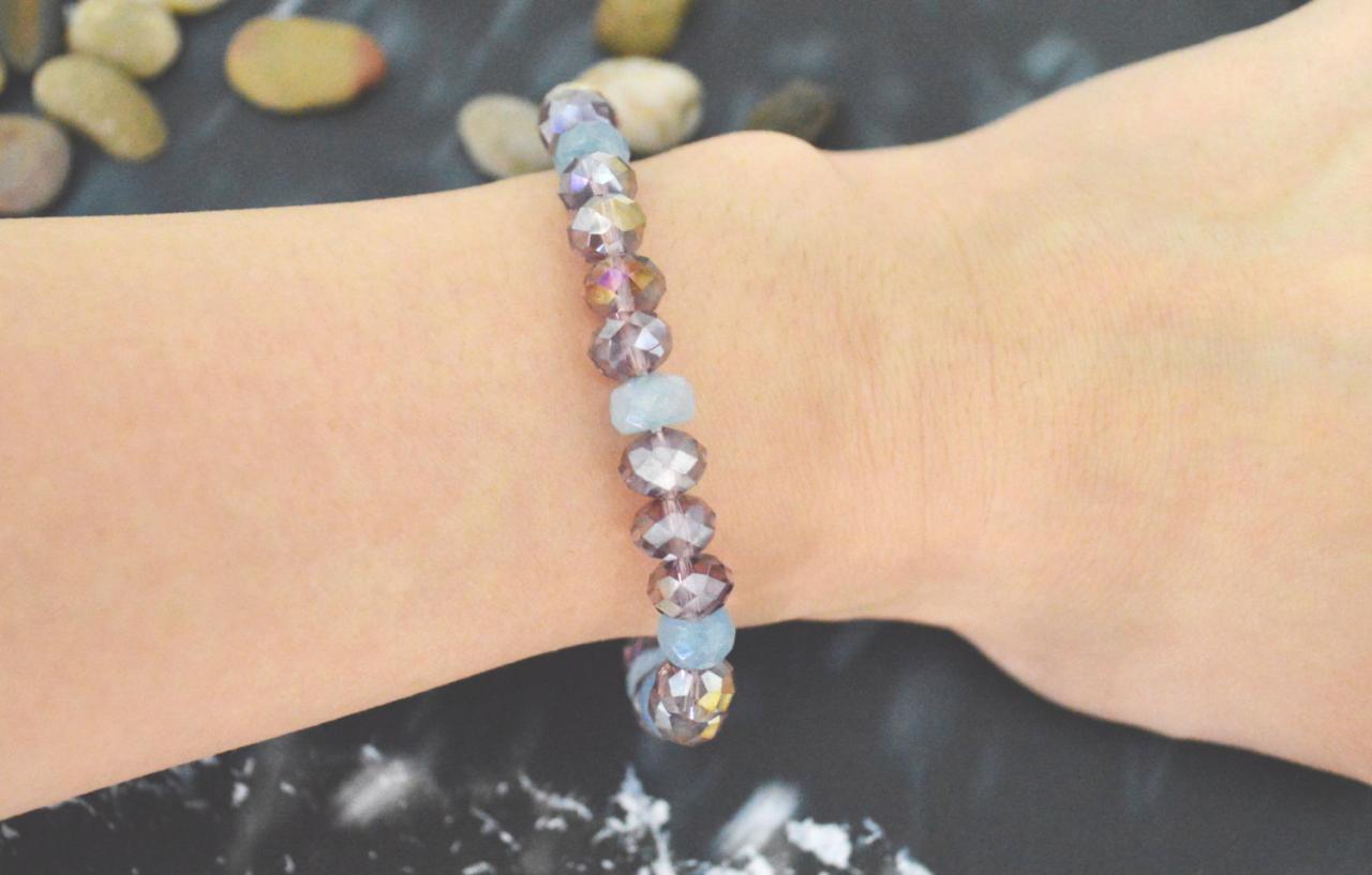 C-142 Stretch Bracelet, Crystal Bracelet, Rhinestone, Aquamarine, Purple Beads Bracelet, Stone Bracelet/everyday Jewelry/