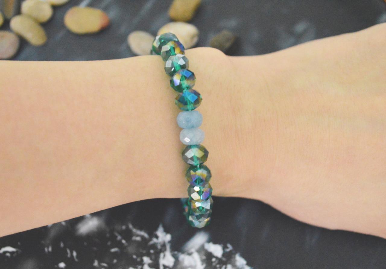 C-141 Stretch Bracelet, Crystal Bracelet, Rhinestone, Aquamarine, Blue Green Bracelet, Stone Bracelet/everyday Jewelry/