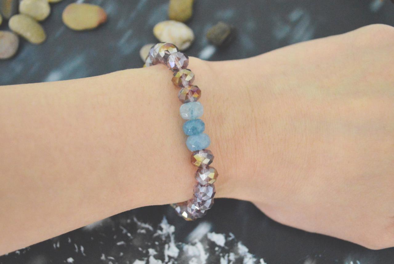 C-140 Stretch bracelet, Crystal bracelet, Rhinestone, Aquamarine, Purple bracelet, Stone bracelet/Everyday jewelry/