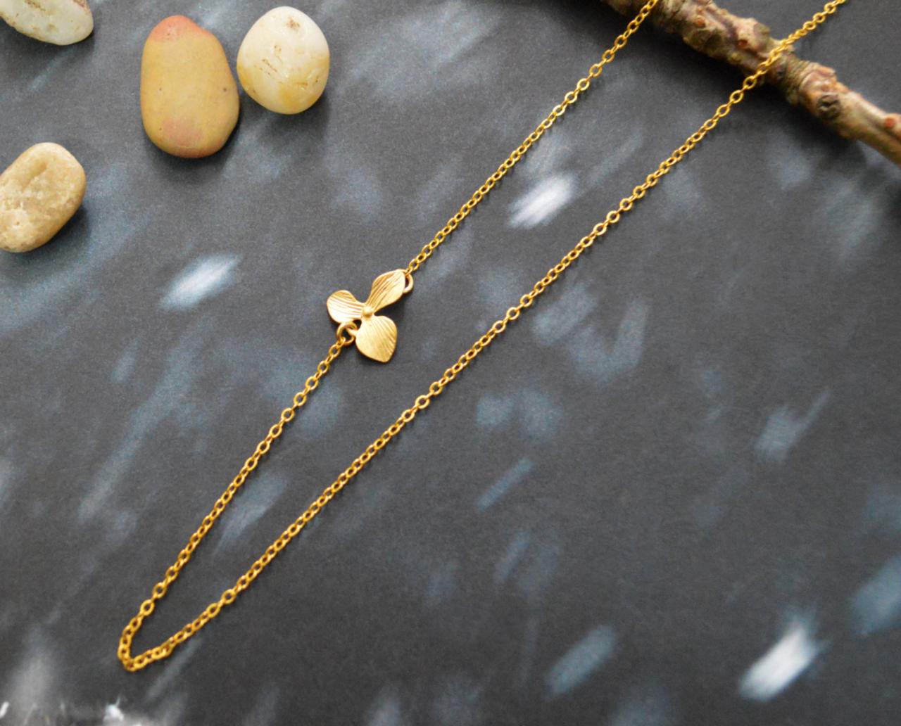 A-182 Sideways Necklace, Orchid, Flower Necklace, Asymmetrical, Unbalanced, Simple Necklace, Gold Plated/everyday Jewelry /special Gift/