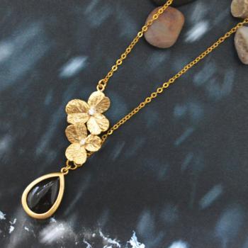 Sideways necklace, Unbalanced flower necklace, Bezel set jade drop necklace, Gold plated, Modern necklace/ Bridesmaid gifts /Everyday jewelry/