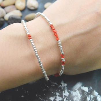 C-100 Silver Beaded bracelet, Layered, Double strand, Red Seed bead bracelet, Simple bracelet, Modern bracelet/Everyday jewelry/